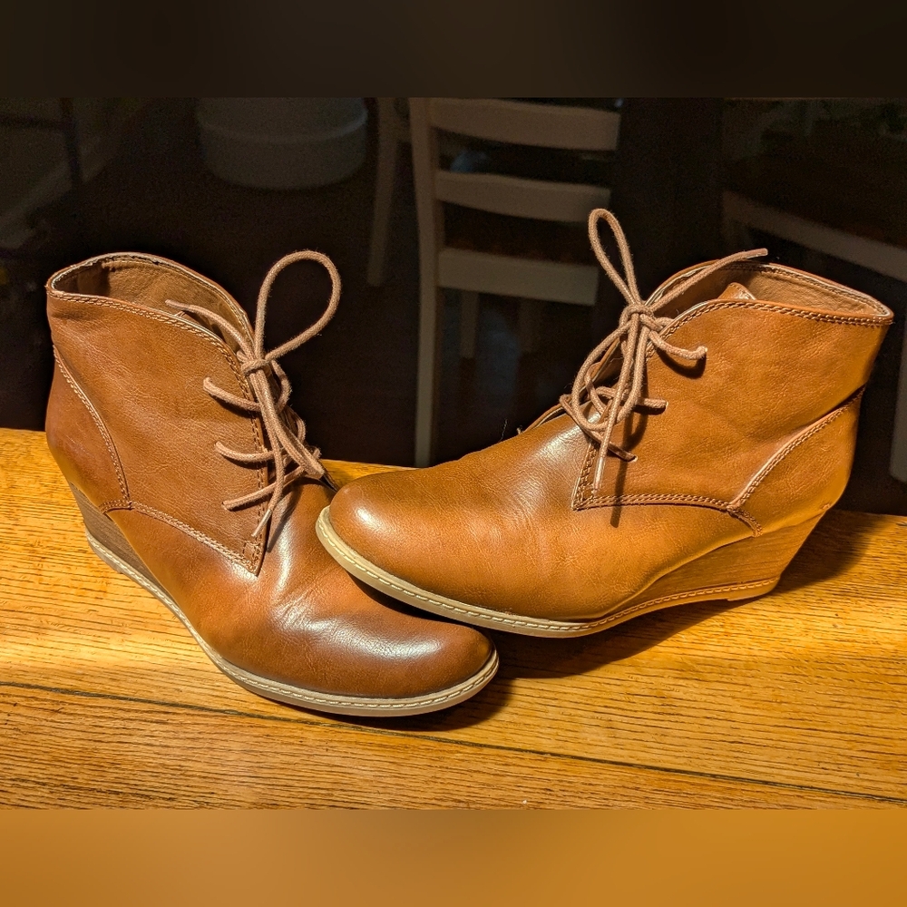 Brown leather lace up wedge booties